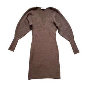 ASTR The Label Plunge‎ V-Neck Knit Sweater Dress Brown Size L